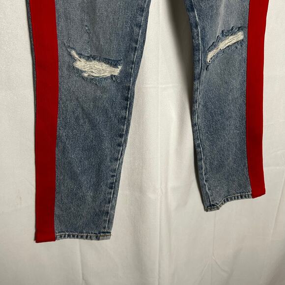 Carmen Straight Thrashed Distressed High Rise Red Tuxedo Stripe Denim Blue Jeans - Picture 8 of 10
